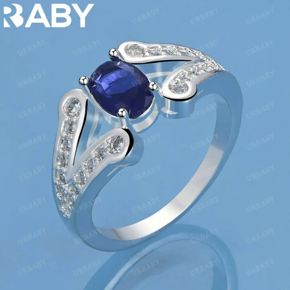 

URBABY 925 Sterling Silver Size 7-10 Blue Zircons Ring For Women Men Fashion Jewelry Vintage Grace Charm Noble Party Birthday