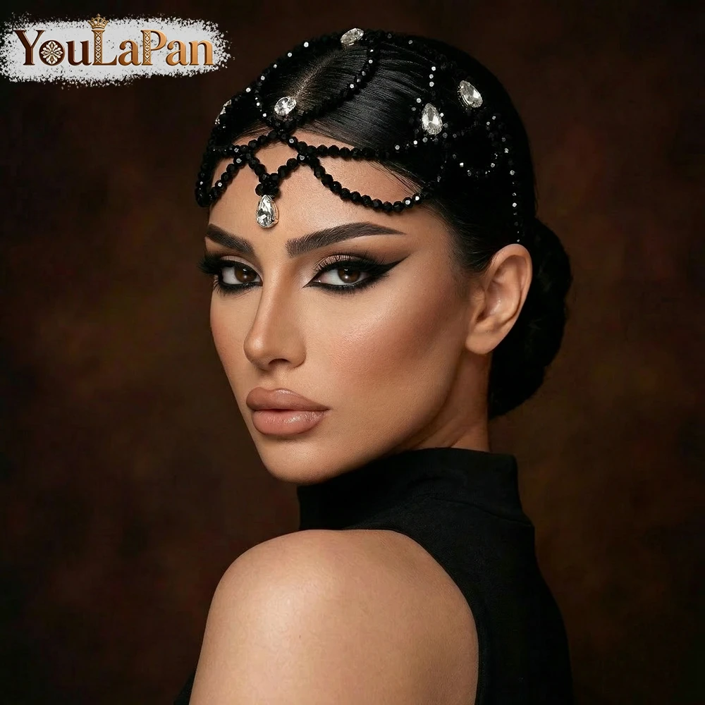 

YouLaPan Boho Black Color Crystal Head Hoop Hair Accessories Rhinestone Foreband Bride Headbands Vinage Handmade Headwear A407