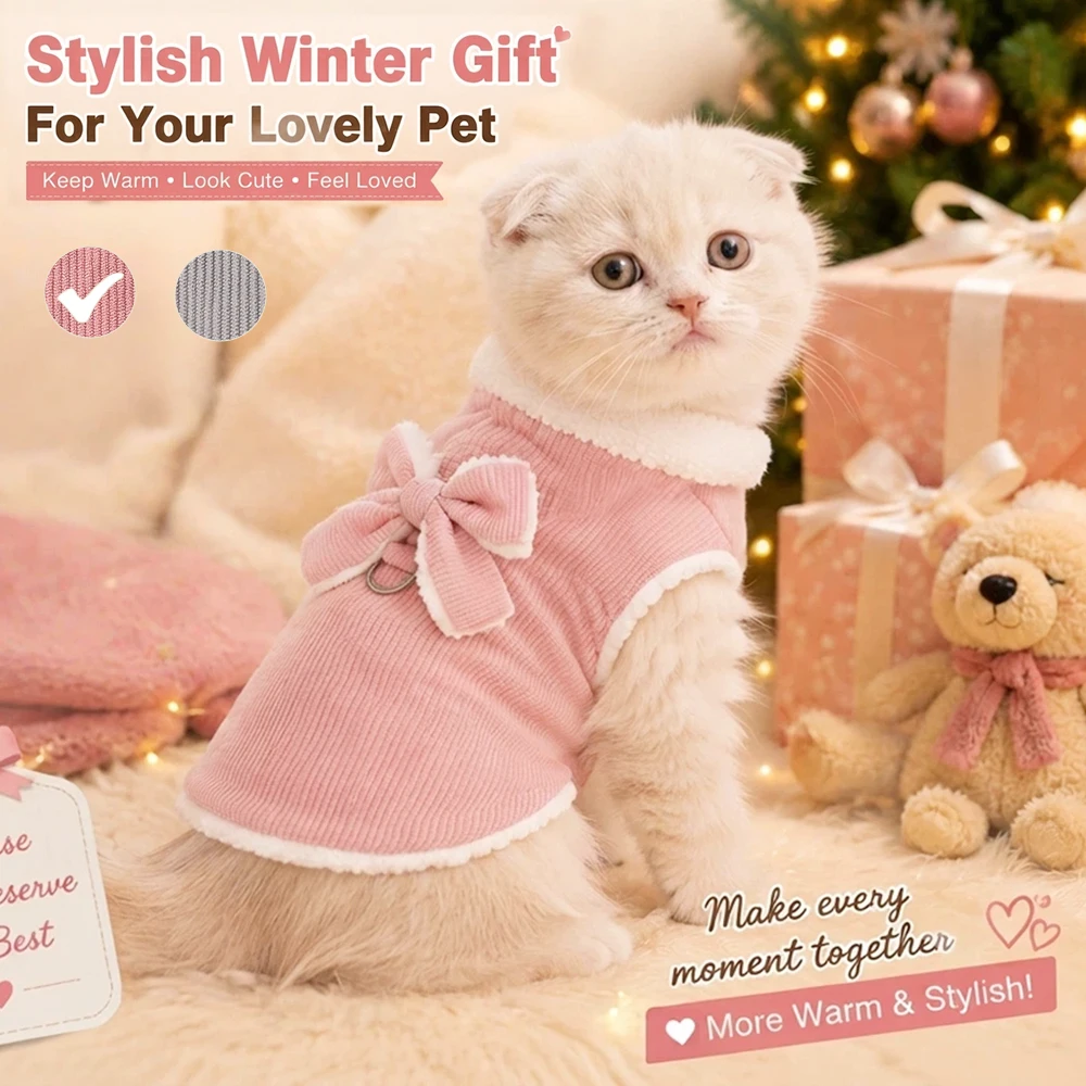 Modische Katzen-Winterkleidung, weiches Fleece gefütterter Mantel für Welpen und Kätzchen, niedliches Schleifendesign, gemütliche warme Haustierkleidung für Katzen und kleine Hunde.