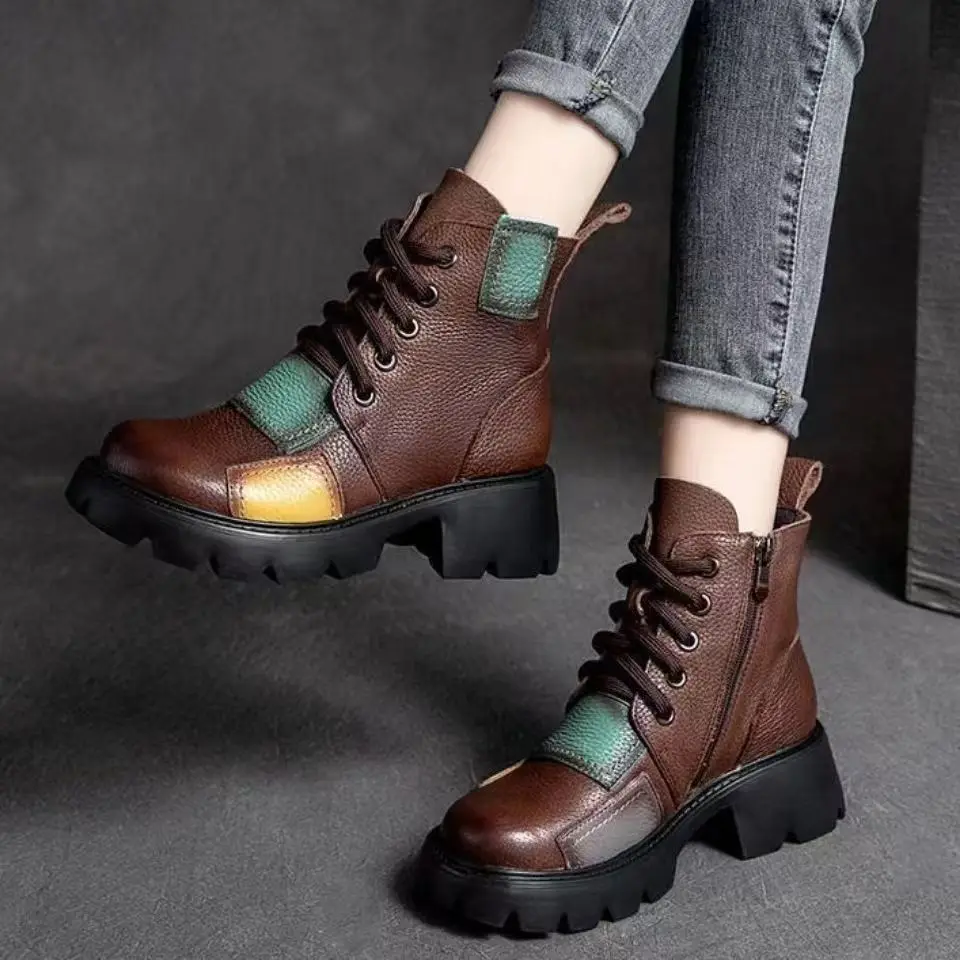 

Women's Leather Patchwork Color-Block Retro Ankle Boots Autumn Winter Round Toe High Top Block Heel Thick Sole Warm Cotton Boots