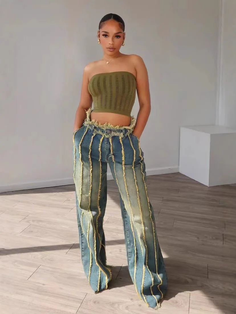 Calças de brim femininas outono inverno moda solta emenda borla estiramento denim calças rua wear casual em linha reta carga jeans