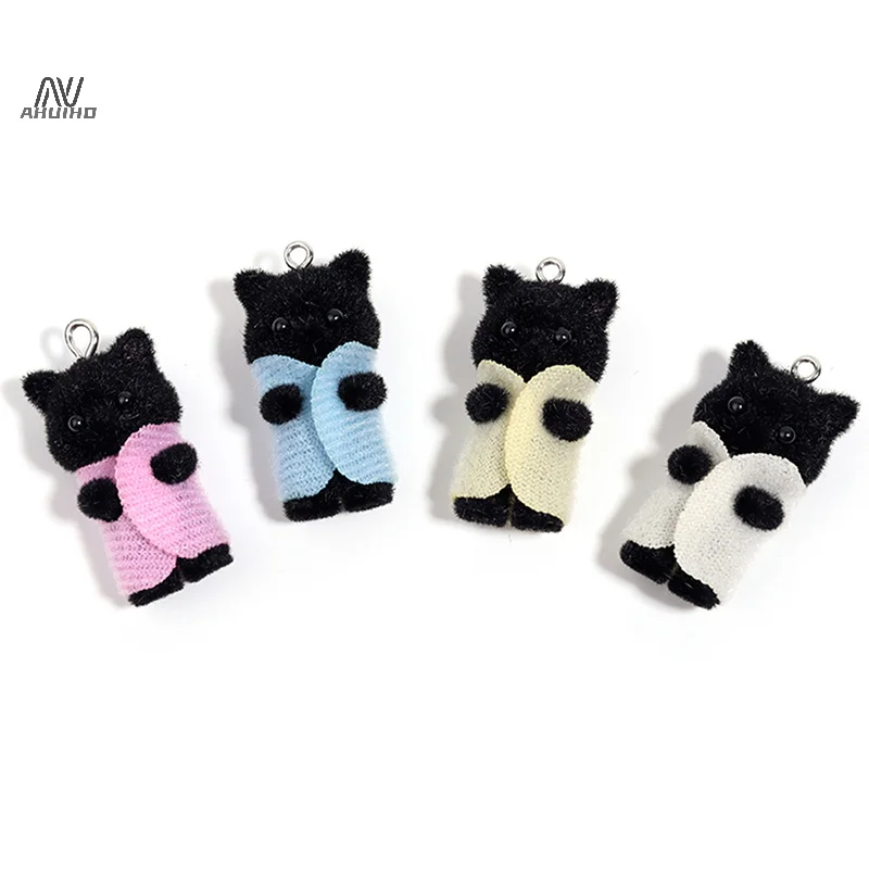 Kawaii 3D Flocking jimat kucing lucu kartun kucing ornamen anting-anting liontin Aksesori DIY kerajinan perhiasan membuat