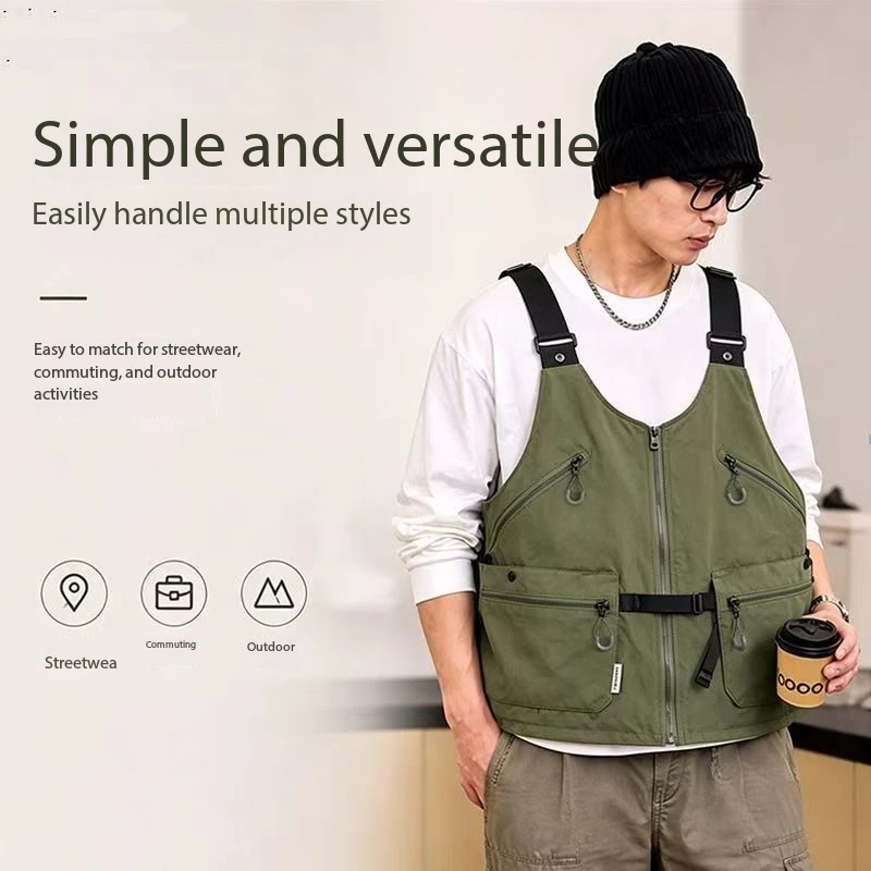 Vandino Functional Vest Sling Bag 2 in 1 Men Women Vintage Japanese Style Sleeveless Waistcoat Backpack Outdoor Multi-purpose Ve