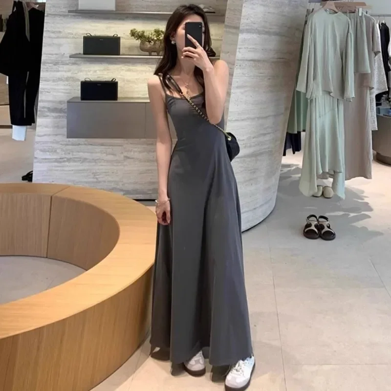 섹시한 연예인 스타일 단색 원피스 여성, 서스펜더 긴 원피스 슬림핏, 분위기 있는 휴가 캐주얼 원피스, 여름 신상