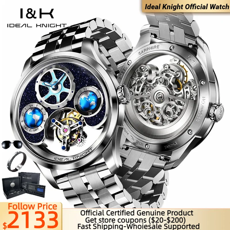 

IDEAL KNIGHT 6805 Tourbillon Luxury Automatic Wristwatch Multi Temporal Zone Full Skeleton Mechanical Watch Men Deep Waterproof