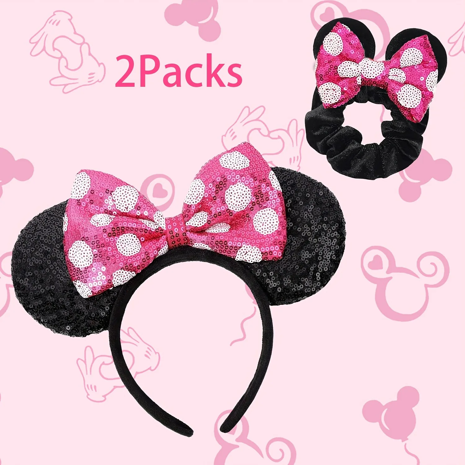 2 шт., набор повязок для волос принцессы Диснея, милый бант в горошек, ухо Микки Мауса, рождественские обручи для волос, праздничные вечерние парки, аксессуары для волос