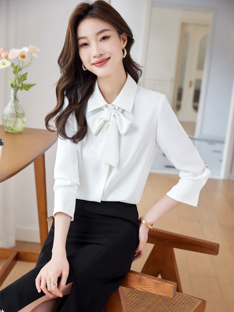 

Модная женская блузка с длинным рукавом, осень 2026, новый стиль, элегантный шифоновый топ, трендовая женская мода, из полиэфирного волокна, приталенный крой