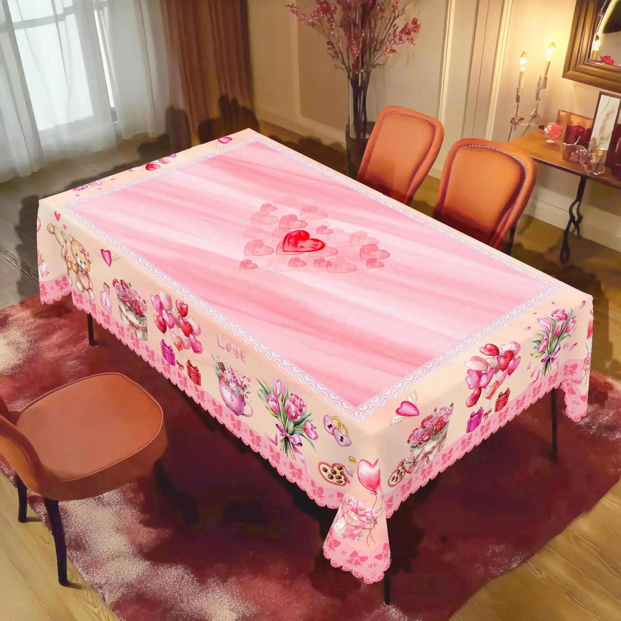 1 Piece Valentine's Day Round and Rectangular Tablecloth, Available in Various Sizes, Pink Romantic Cute Couple Bear Round Decorative Tablecloth, Embossed Edge Craftsmanship, Valentine's Day Courtyard Tablecloth Decoration, Suitable for Daily Home Kitchen, Patio Use, Tablecloth for Date Decoration
