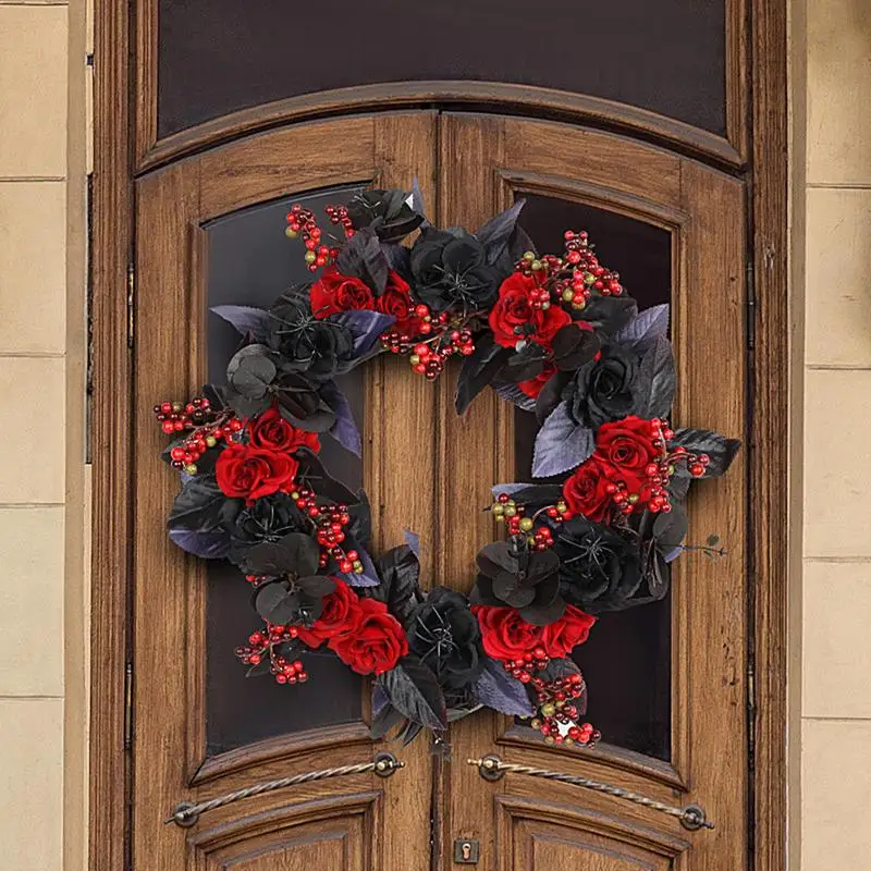 Halloween Wreath Decorations Artificial Black Red Rose Wreath With Leaves Halloween Wreath Decorations Door Sign For Parties