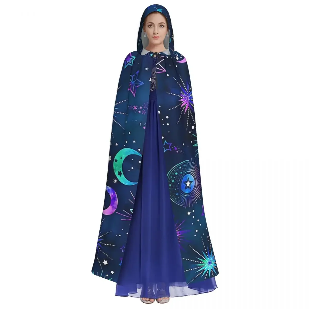 Galaxy Moon Starry Hooded Cloak Polyester Unisex Witch Cape Costume Accessory