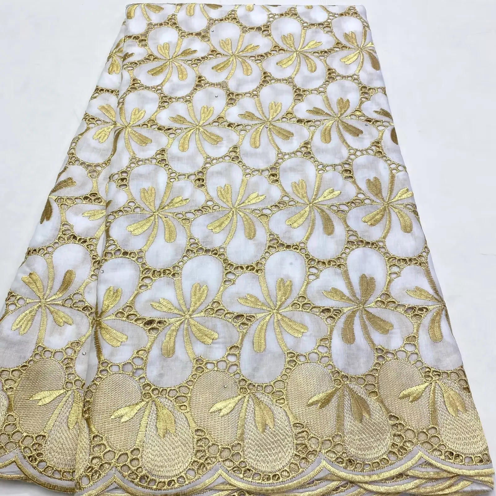 

Embroidered Swiss Voile Lace Cotton Fabrics African Lace For Women Dress Hollow Hole Design White And Gold Color