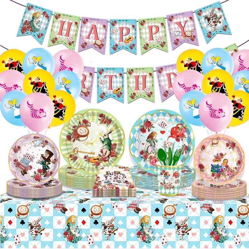 Alice in Wonderland Theme Plate Cake Topper Birthday Home Garden Party Decor Tableware Baby Shower Cup Banner Flag Balloon