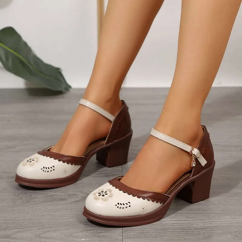 

Spring and Autumn New Chunky-heeled, Elegant Roman Single Shoe for Women 2026, with A Large Openwork Mid-heel Mary Jane，36-43
