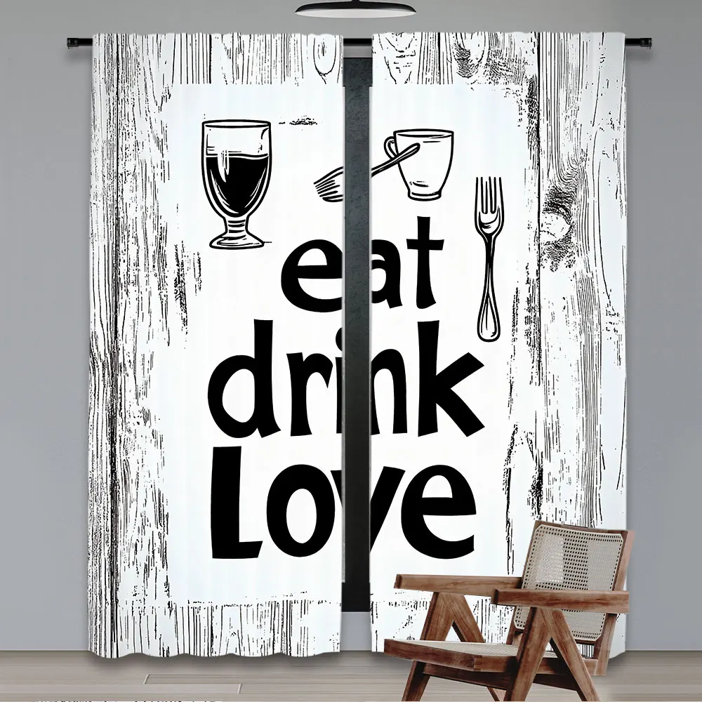 2Pcs Rustic Curtains Farmhouse Cafe Curtains Eat Drink Love Kitchen Decor Black White Wooden Sign Retro Art Printed For Bedroom