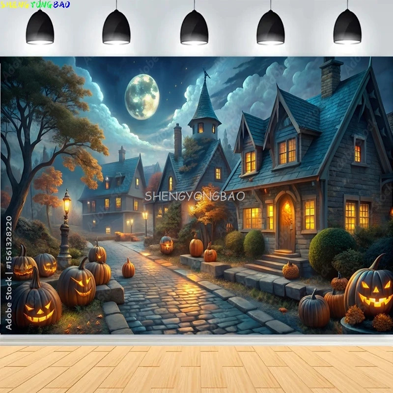 

Pumpkins Halloween Day Spooky Backdrop Props Lanterns Cobwebs Creepy Wicked Eerie Evil Scary Dark Night Forest Background VC-07