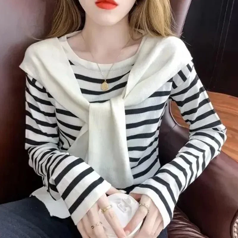 Autumn Casual Korean Striped O-neck Long Sleeve Pullovers Women Clothing All-match Patchwork Fake Two Pieces Sweaters Ladies