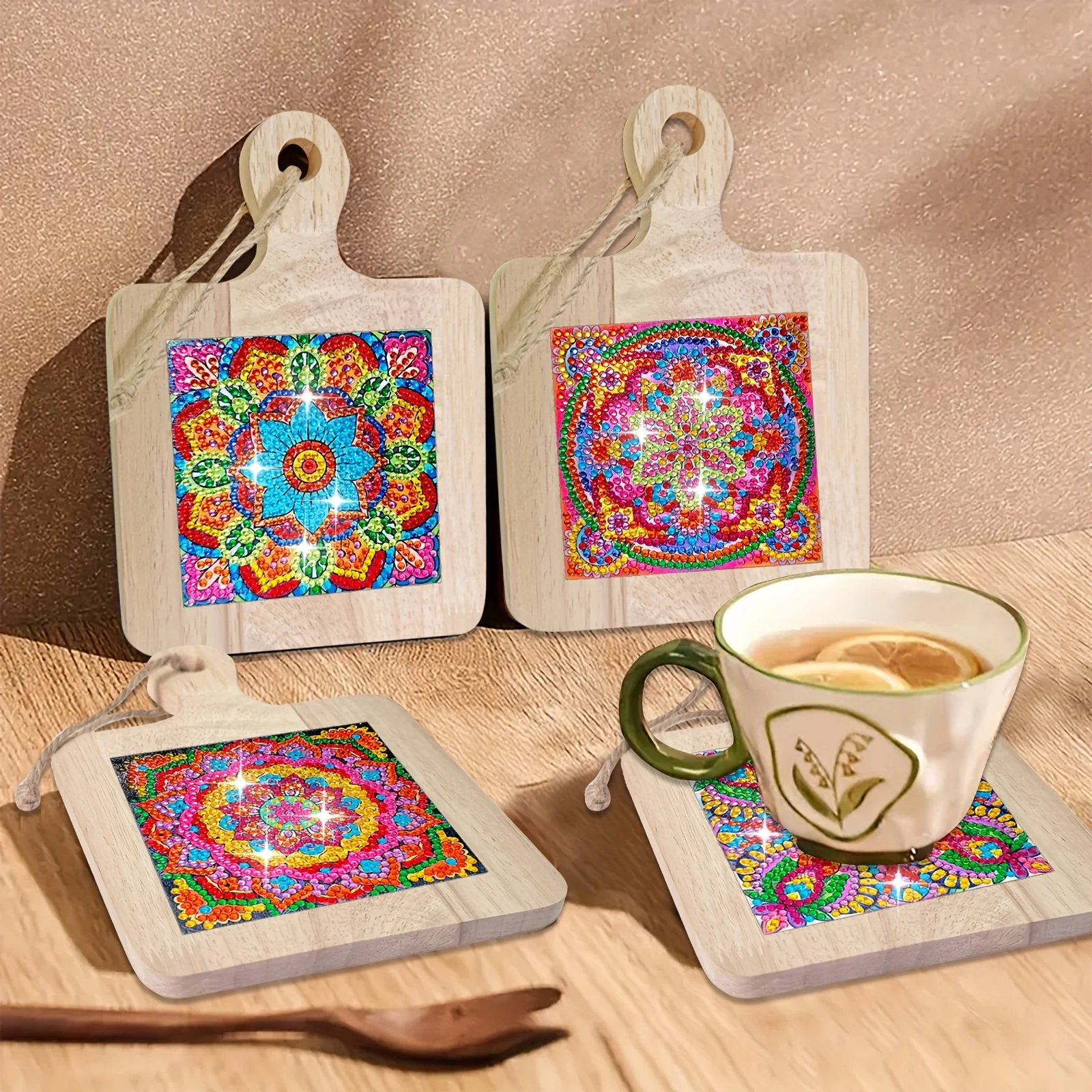 4 قطعة الوقايات كأس اللوحة الماسية خشبية ملونة ماندالا نمط مقاومة للحرارة شرب الحصير ديكور مطبخ المنزل فريد اليدوية #1