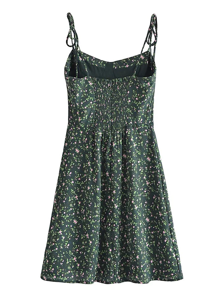 YENKYE 2022 Women Vintage Floral Print Dark Green Sling Chiffon Dress French Style Vestido Mujer A-line Short Summer Ladies Robe