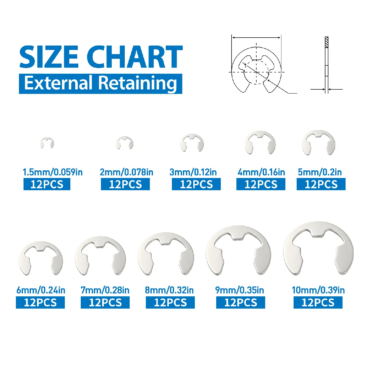 120Pcs External Retaining Ring Snap Ring Assortment Kit,M1.5-M10 304 Stainless Steel E-Clip,Fastener for Shaft Locking