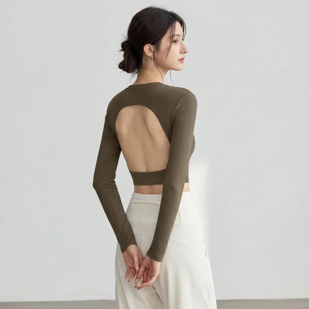 Women's Elegant Long Sleeve Yoga Shirt Sports Top with Chest Cushion Short Elegant Shawl Small Camback Pura Speed Dry for Autumn
