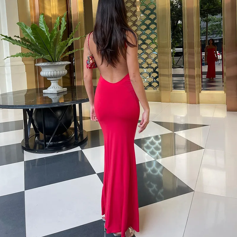 2024 Wiosna Solidny Bez rękawów Bez pleców Elegancki Seksowny Bodycon Y2K Maxi Sukienka na studniówkę Kobiety Ubrania Urodziny Impreza Casual Y2K