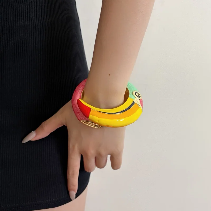 Unique Abstract Multicolor Enamel Cuff Bracelet, Artistic Color Block Open Bangle, Retro Statement Jewelry