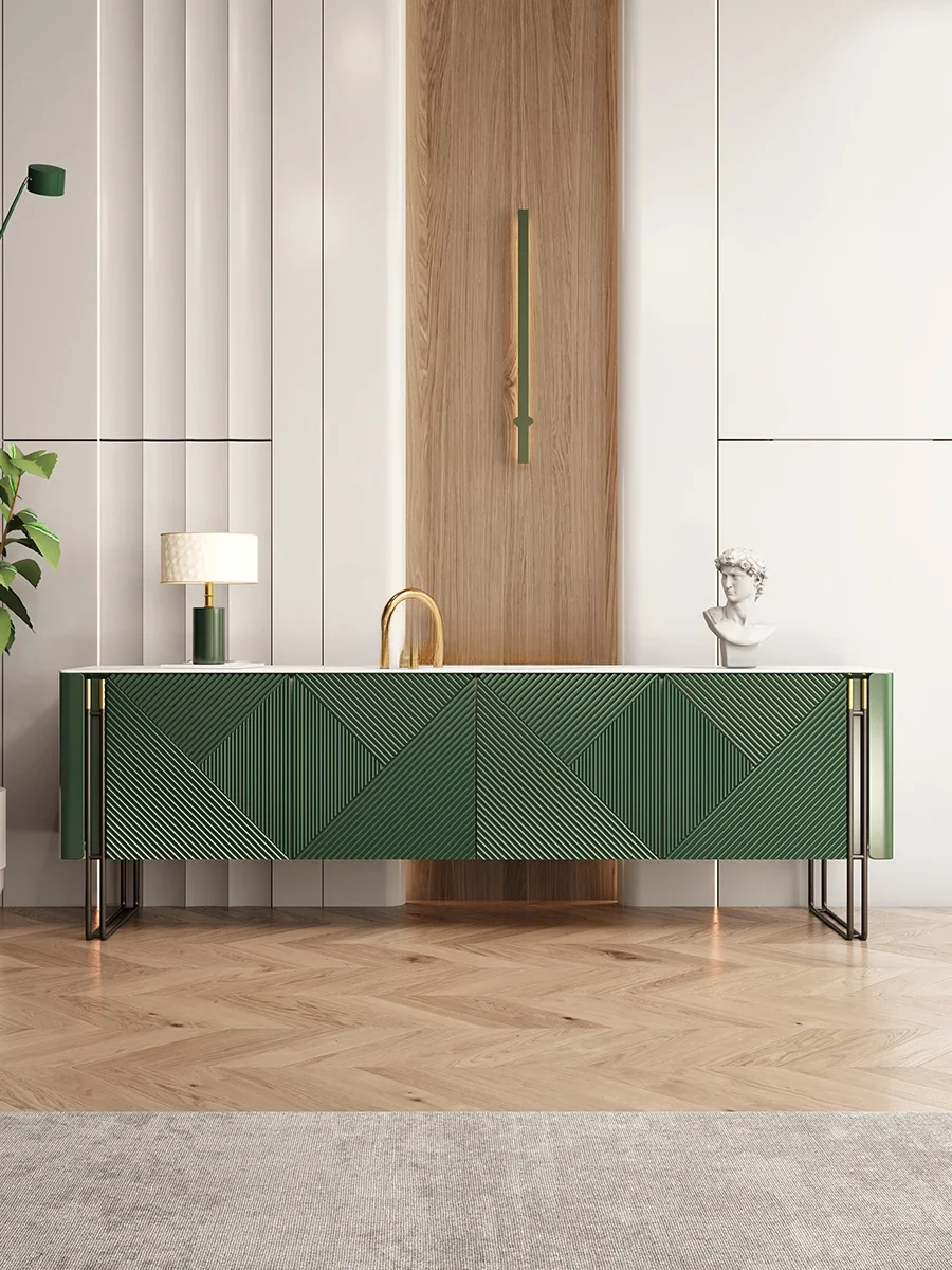 Italian-Style Light Luxury TV Cabinet Living Room Stone Plate Floor Cabinet Modern Minimalist Dark Green High Style