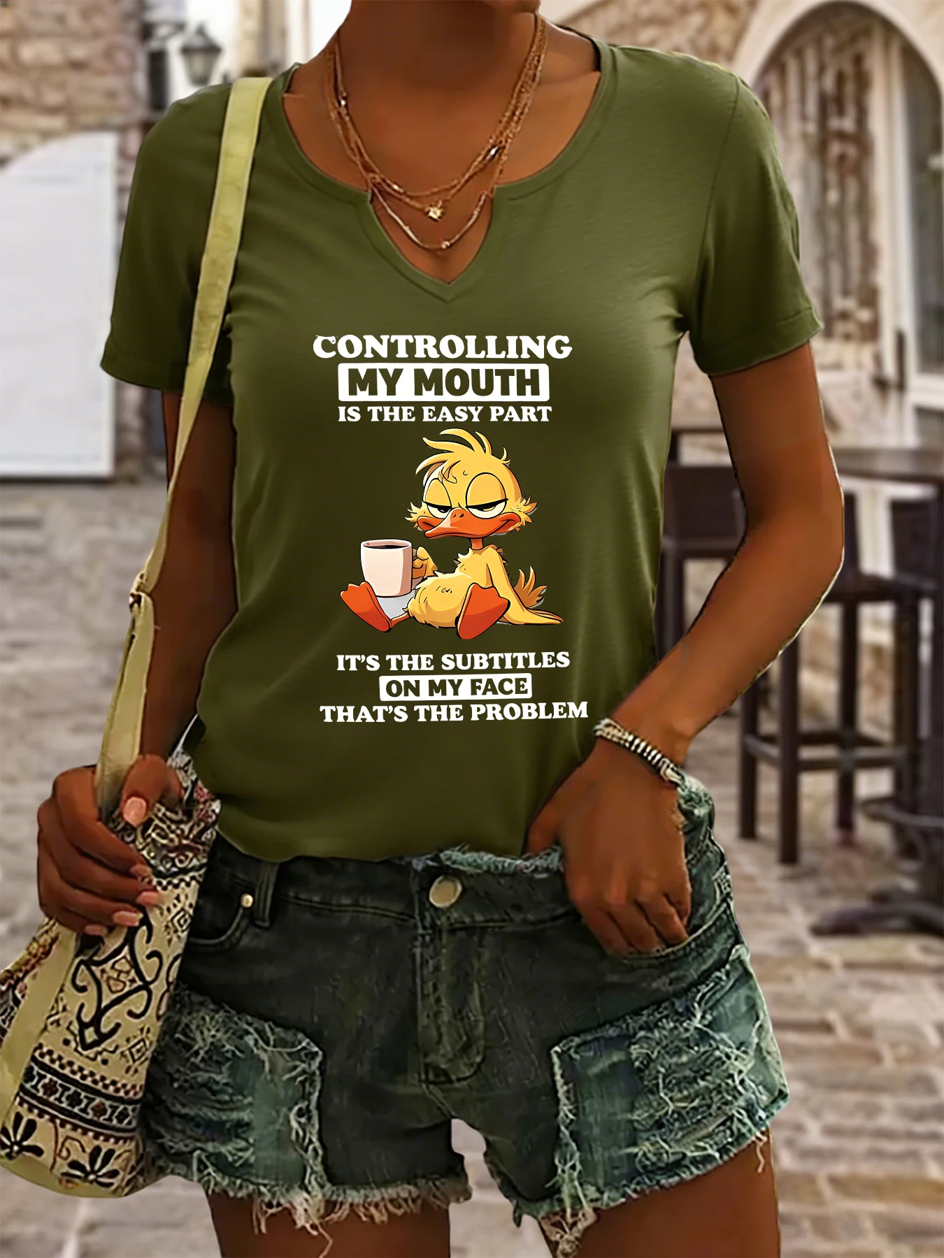 Women's Summer V-Neck Short Sleeve T-Shirt, Funny Sarcastic Duck Coffee Print, 