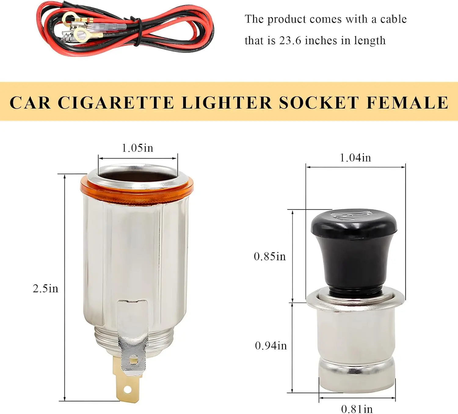 Car Cigarette Lighter with Cable, DC 12V Cigarette Lighter Element Socket Replacement with Eject Button, Metal Female Power Outlet Socket Plug for Sedans Trucks SUVs Marines