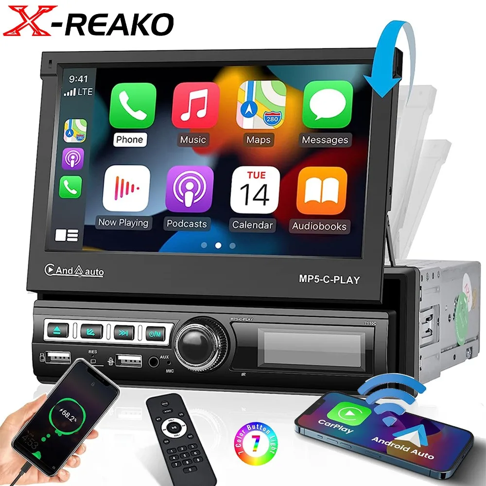 1Din 7-inch Retractable MP5 Universal Car Radio Multimedia Music Player Carplay/Android Auto HD Capacitive Touch Screen