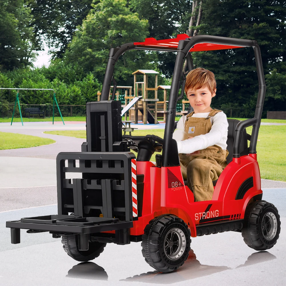 12V Kids Ride on Forklift Car with Tent, Electric Ride On Construction Car with Remote Control, Liftable Fork and Pallet