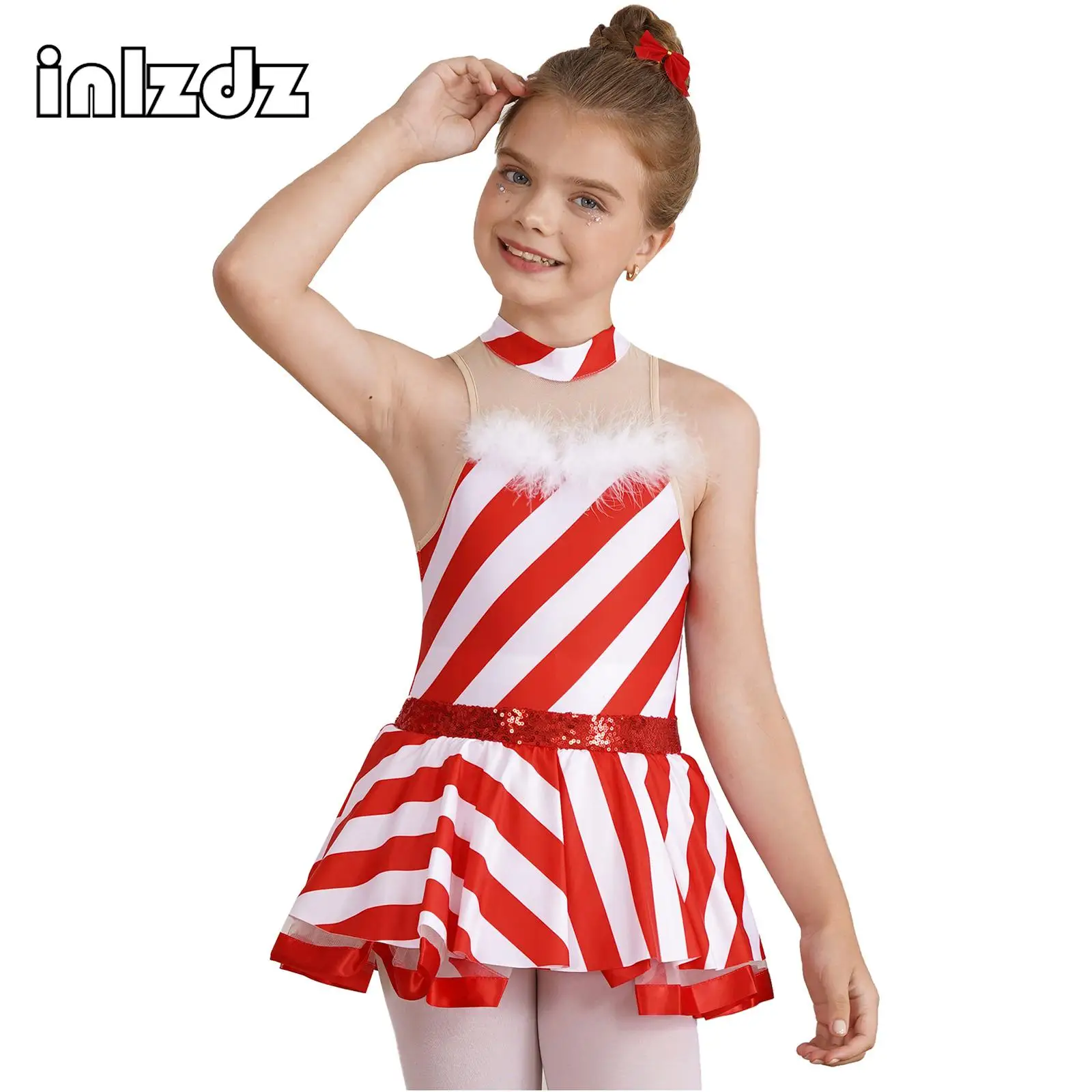 

Kids Girl Candy Cane Dress Christmas Mrs Santa Claus Costume Sleeveless Stripes Print Role Play Theme Party Figure Skating Dress