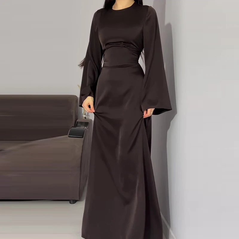 Elegant O Neck High Waist Satin Dress Ladies Fashion Temperament Long Sleeve Slim Party Dress Fall Solid Color Casual Robe Dress