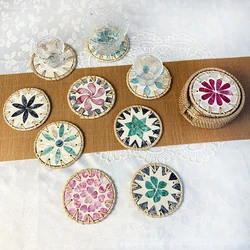 10cm Creative splicing Natural Rattan Colorful Shell Resin Cup Mat Coaster Hand Woven Insulation Pad Placemat Kitchen Decoration