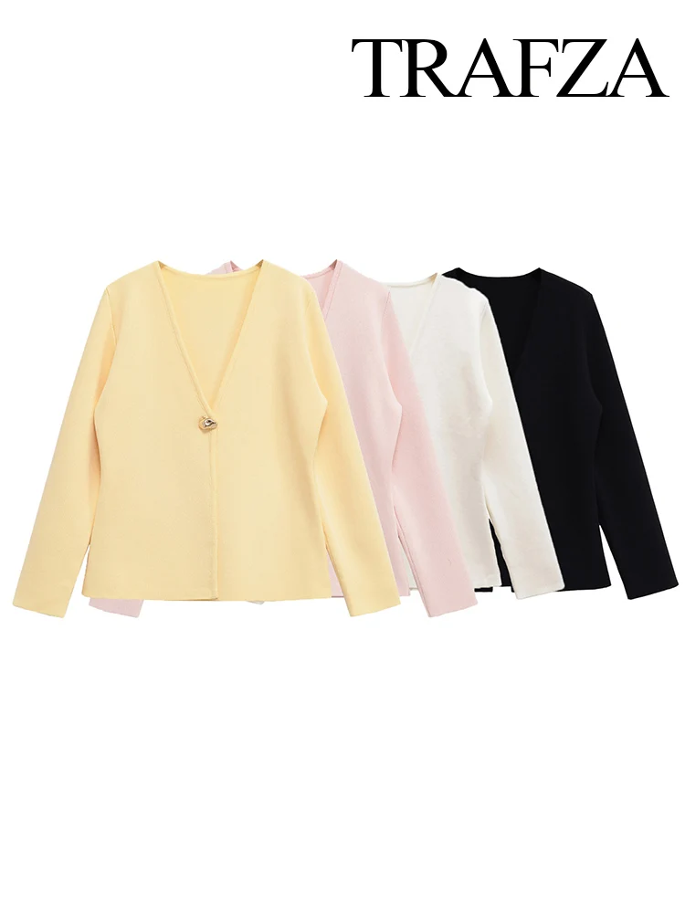 

TRAFZA Women's Fashion Solid V-Neck Elegant Slim Long Sleeves Cardigans Top Female Elegant Golden One Button Casual Knitted Coat