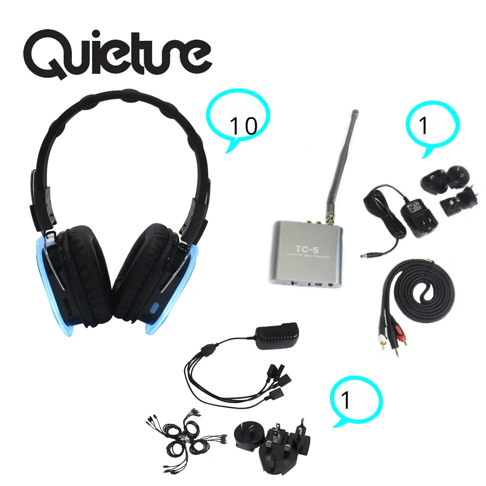 Auscultadores Silent Disco para Festas, 1 TC-5 Transmissor HiFi, 10 F39, 1 Carregadores