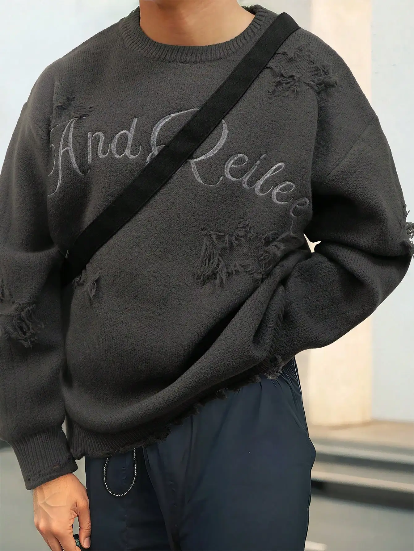 

Spring, Autumn, Winter Season Men's and Women's Street Fashion Letter Embroidery Star Ripped Fringe Frayed Long-Sleeve Sweater Round Neck Casual Loose Versatile Pullover Knit Top