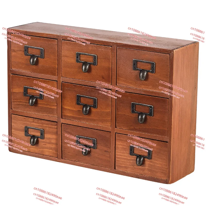 Desktop Storage Cabinet with 9 Drawers Retro Look Wooden with Metal Pulls Medicine Cabinet for Organization Home Bedroom Counter