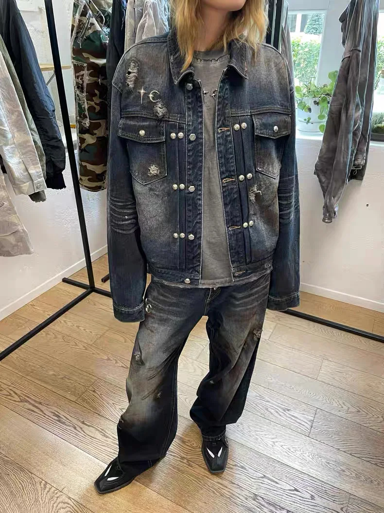 

Thug Club Heavy Du Ретро Mud Dye Hole Джинсовая куртка с осенне-зимней верхней одеждой Повседневная свободная посадка Длинная хлопковая куртка све