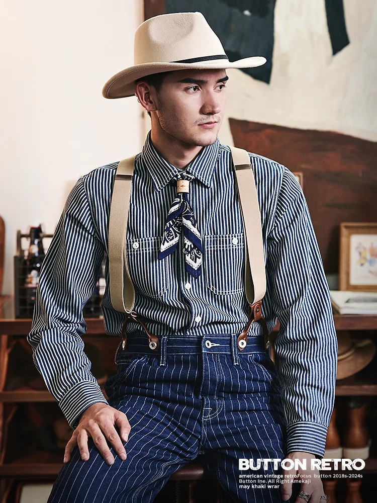

American Style Loose Fit Casual Long Sleeve Blue White Stripes Men's Shirt Retro Workwear Fashion Urban Spring Autumn Cotton ...