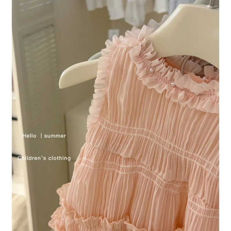 Children Girls Dress Summer Korean Sleeveless Solid Color Lace Round Collar Muslin A Line Toddler Girls Dress Baby Girls Dress