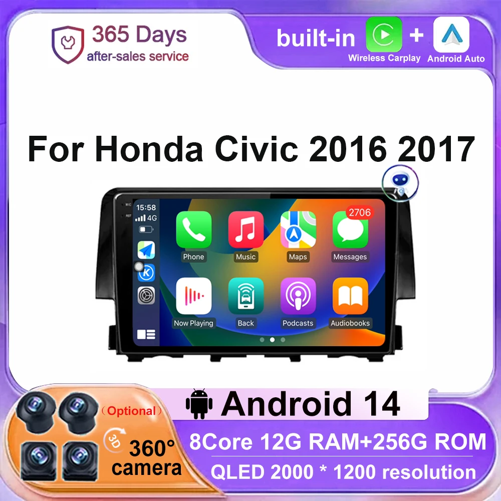 

Автомобильный радиоприемник, навигация, стерео для Honda Civic 2016 2017 Android 14, мультимедийный видеоплеер Carplay Auto 4G WIFI 4G DSP BT GPS QLED