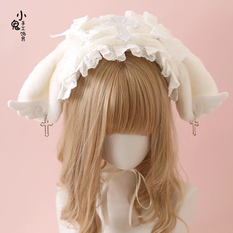 Diadema con orejas de Ángel Kawaii, lazo de encaje para la cabeza, envoltura para la cabeza, Lolita, fiesta de boda, Cosplay, tocado de sirvienta, accesorios para el cabello de Anime para mujeres y niñas