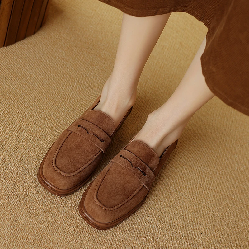2024 Flats Shoes Size 34-40 Women Suede Real Leather Loafers Casual SpringLow Heels Vintage Office Lady Daily Dress