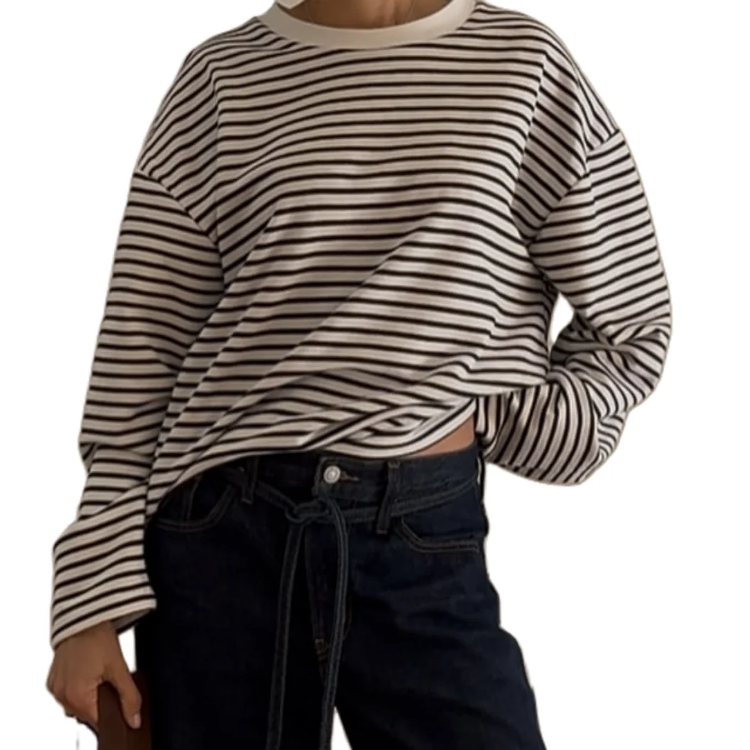 

Dourbesty женские осенние повседневные полосатые топы с длинным рукавом и круглым вырезом, свободная футболка на каждый день