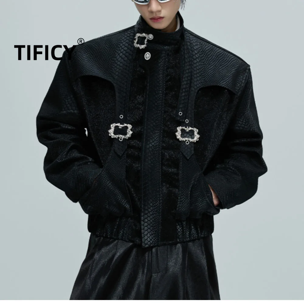 

TIFICY Черная короткая куртка со змеиной шкалой, мужская кожаная куртка с воротником-стойкой из конского волоса в стиле пэчворк с металлической пряжкой