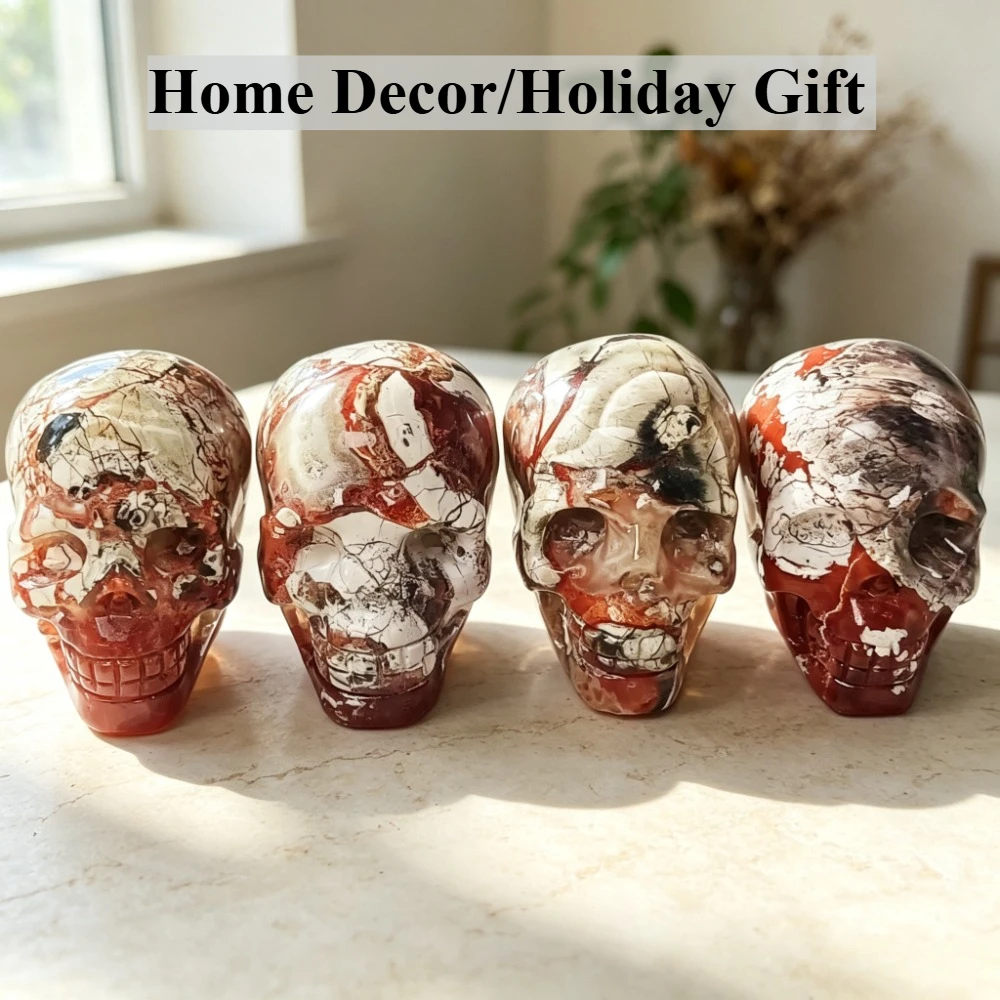 Natural Money Agate Skull Carving, Crystal Stone Ornaments, Mineral Specimen, Home Decor, Desk Display, Holiday Gift