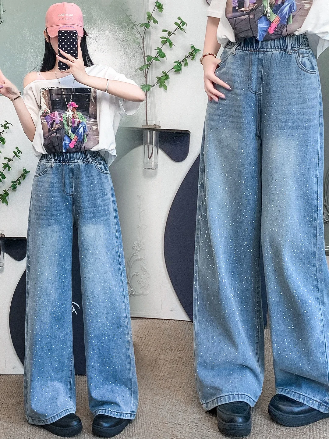 plus Size Women's Jeans High Waist Straight Leg Wide Leg Pants Diamond Embellished Slimming Effect Casual Trousers for Heavy ...