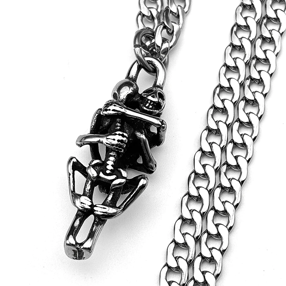 

Punk 316L Vintage Stainless Steel Embracing Skeleton Couple Pendant Necklace For Men Women Silver Color Death Love Chain Jewelry