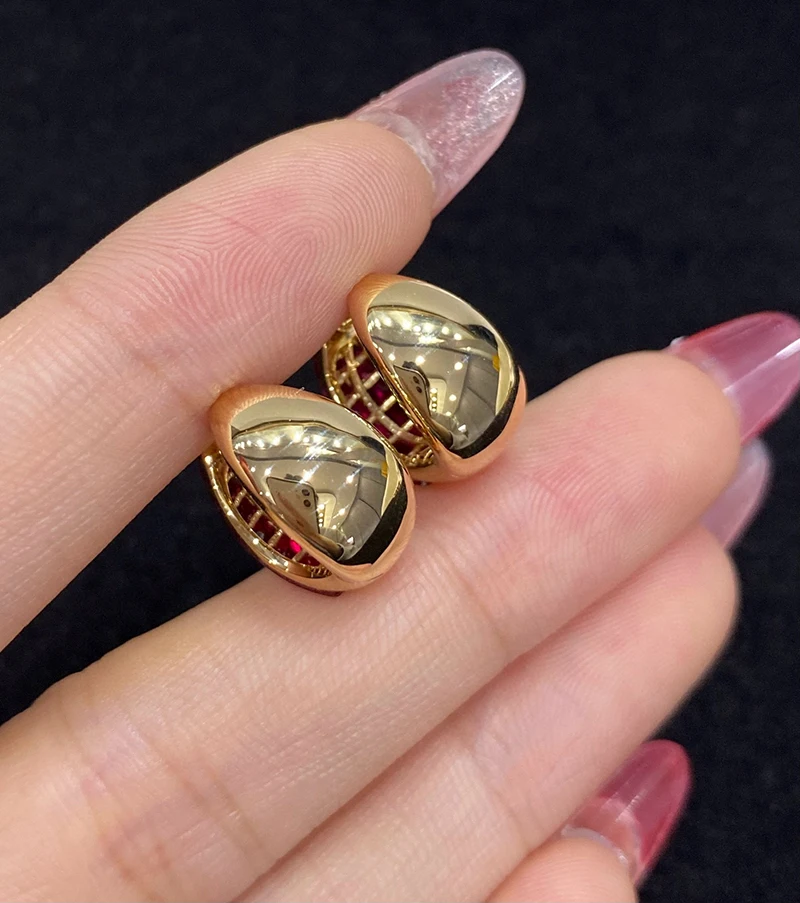 LUOWEND 100% 18K Yellow Gold Earrings Fashion Style Natural Ruby Hoop Earrings for Women Senior Banquet High Gemstone Jewelry